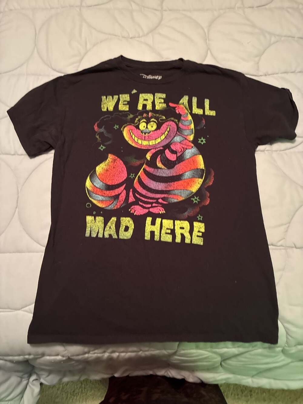 Disney Alice in Wonderland Cheshire Cat 'We're All Mad Here' Neon Graphic T-Shir